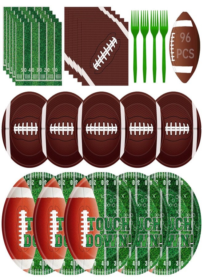 Litmitfu 96 Pcs Football Plates and Napkins Forks Sets - Rugby Sports Themed Round Tableware, Disposable Touch Down Paper Plates Napkins Set for Football Game Day Tailgate Party Supplies Accessories, Serves 24 - Image 1